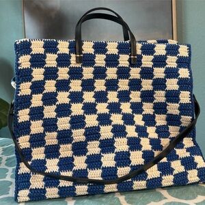 Clare V Blue and Cream Crochet Checkerboard Tote